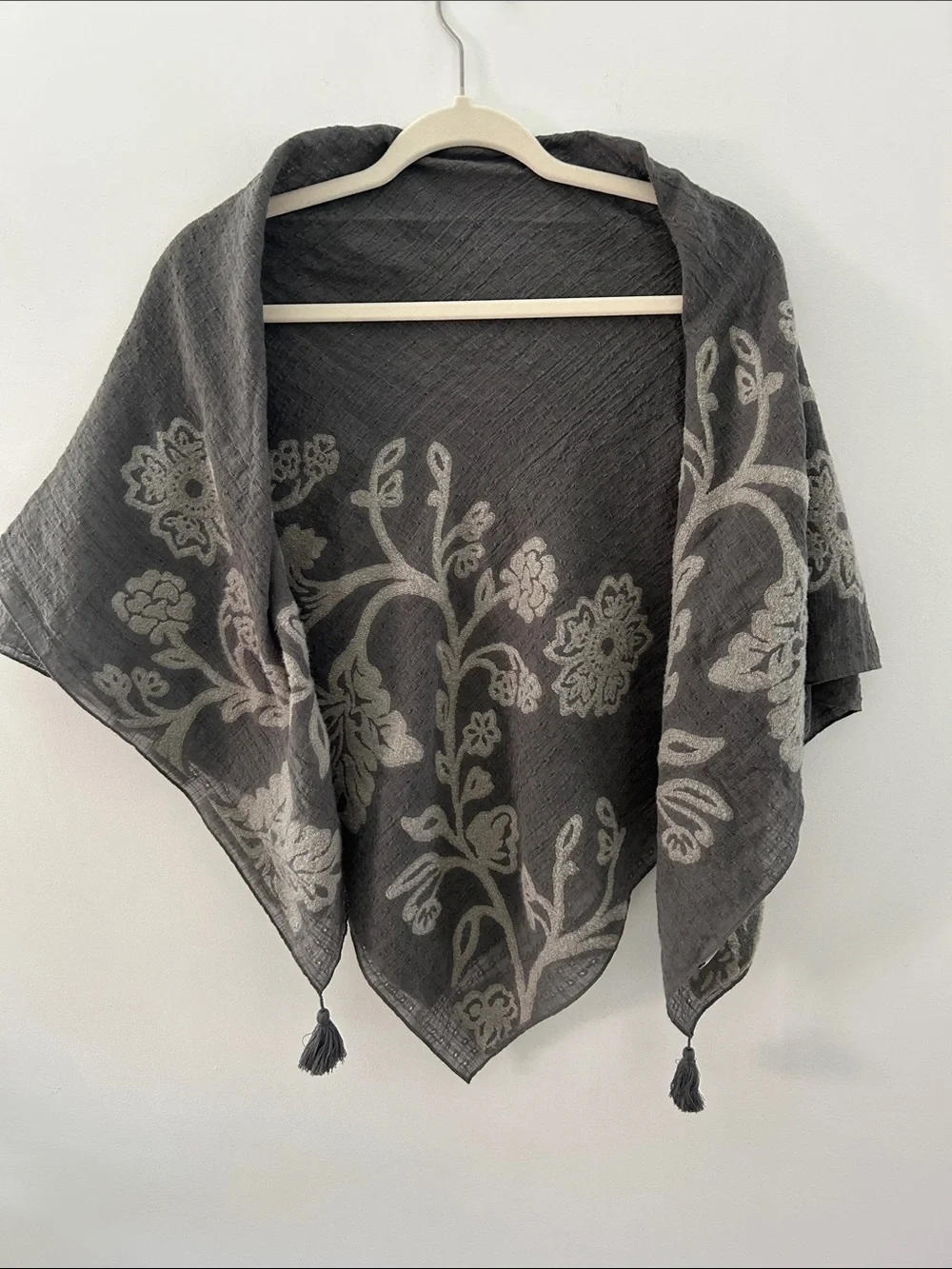 Pure Jill Gray Floral Embroidered Scarf Lightweight Drape Summer Evening Wrap